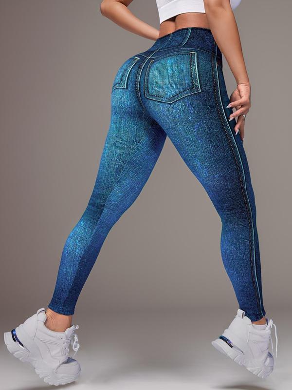 Sporty Women's Denim-Effect Print High Waist Sports Leggings, Fashionable Comfy Breathable Skinny Pants for Yoga Gym Workout Running, Ladies Sportswear for All Seasons, Women's Tight Pants, Tummy Control