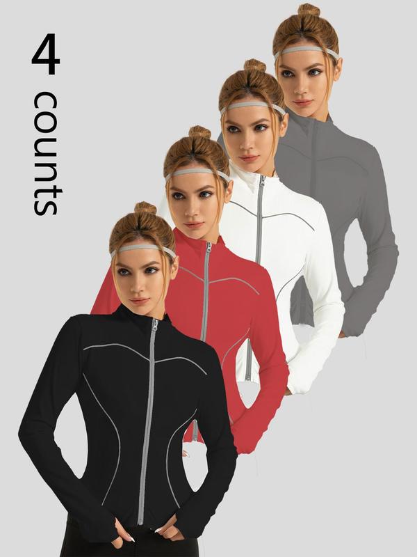 Women's Solid Zip Up Sports Jackets, Sporty Long Sleeve Stand Collar Outerwear for Yoga Gym Workout, Ladies Sportswear for All Seasons