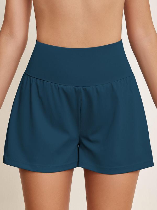 Women's 2 in 1 High Waist Sports Gym Shorts, Solid Color Wide Waistband Pocket Design Shorts, Back To School Outfits, Ladies Sportswear for Indoor Outdoor Wear, Gym Shorts