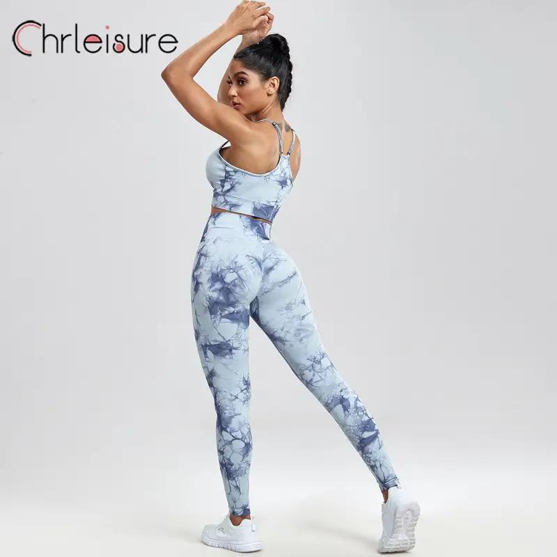 CHRLEISURE Yoga Set Women Seamless Tie Dye Fashion Push Up Bra Set Printing Aesthetic Fitness Gym High Waist Female Pants Set