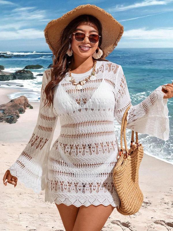 Plus Size Solid Hollow Out Sheer Scallop Trim Cover Up Dress without Bikini, Boho Flounce Sleeve Round Neck Long Sleeve Cover Up for Beach Holiday Vacation, Women's Plus Clothing for Summer