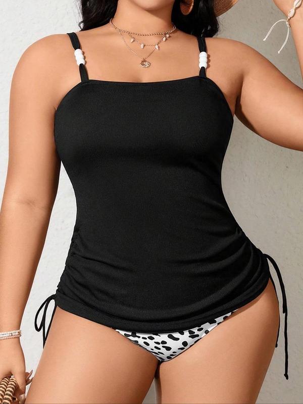 Plus Size Two-piece Set Solid Ruched Drawstring Tankinis Set, Solid Sleeveless Cami Top & Leopard Print Panty , Women's Swimsuit for Summer Beach Holiday Vacation