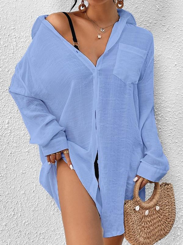 Plus Size Solid Button Front Pocket Drop Shoulder Swim Top, Beach Style Casual Comfort Long Sleeve Collared Cover Up, Summer Bathing Suits 2024 for Women, Summer Beach Cover Up Shirt