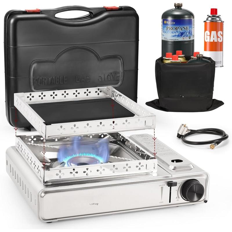 Dual Fuel Camp Stove with Butane and Propane Compatibility, 10500 BTU Portable Camping Stove with Carrying Case, Storage Bag, Adapter Hose, Wind Guard, Outdoor Camping Essentials