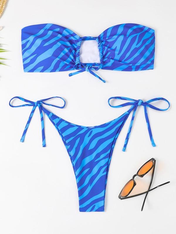 Two-piece Set Women's Back To School Zebra Stripe Print Summer Bikini Sets, Casual Tie Front Bandeau Top & Tie Side Thong Swimwear Set, Swimsuit for Women, 2024 Summer Swimsuit, Swimsuits 2024 Women, Tiktop Shop