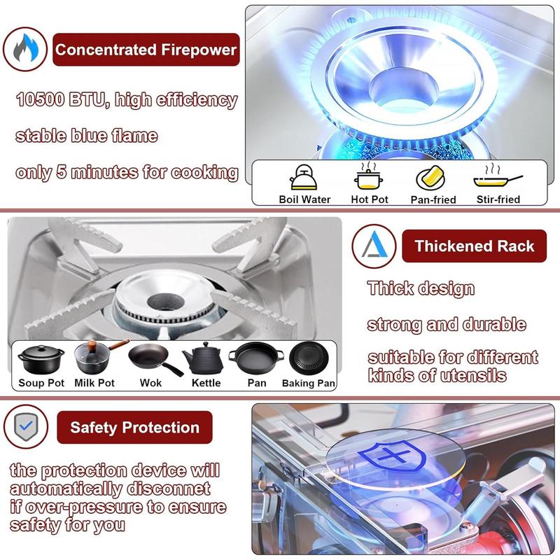 Dual Fuel Camp Stove with Butane and Propane Compatibility, 10500 BTU Portable Camping Stove with Carrying Case, Storage Bag, Adapter Hose, Wind Guard, Outdoor Camping Essentials