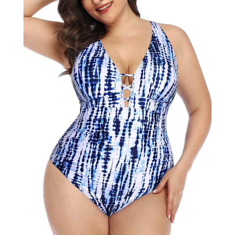 Yonique Women's Plus Size One Piece Swimsuit Tummy Control Bathing Suits Lace up Plunge Swimwear,Modest One Piece Bathing Suits for Vacation