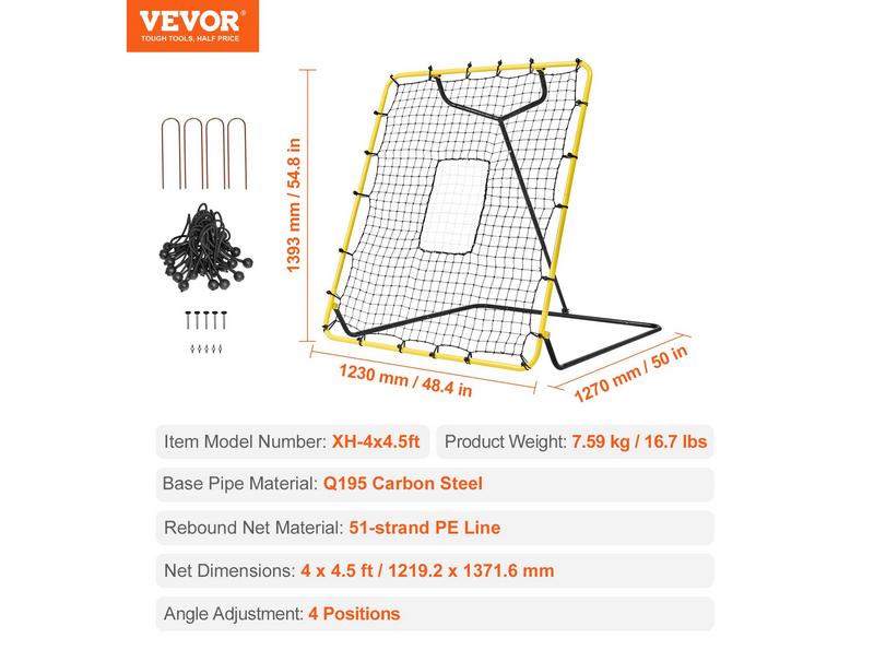 VEVOR Baseball & Softball Rebounder Net 4x4.5 Ft, Adjustable Pitch Back