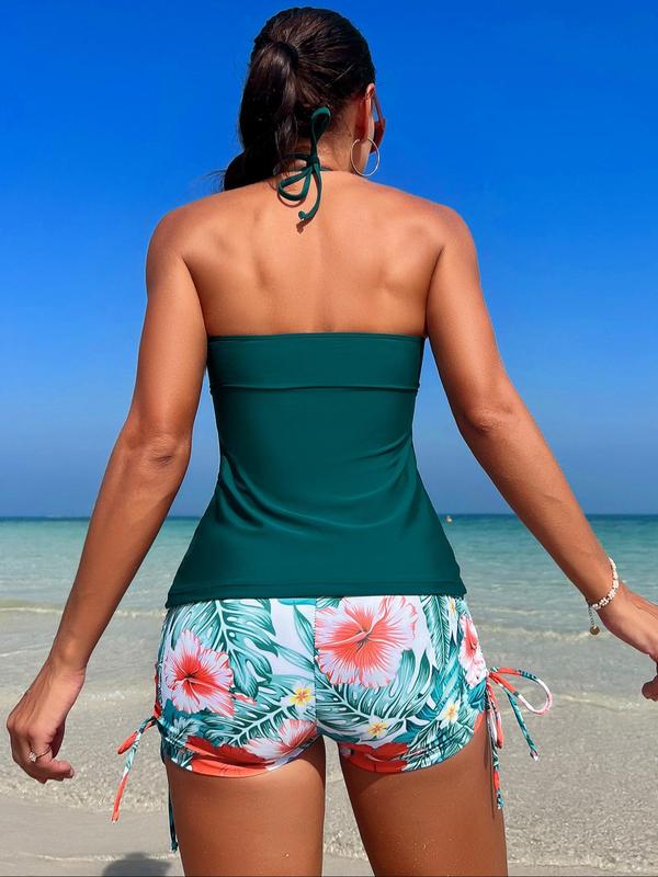 Two-Piece Set Women's Plain Backless Halter Tie Back Top & Floral Print Bottom Back To School Tankinis Set, 2024 Tankini Swimsuits Sets, Casual Sleeveless Top & Drawstring Side Shorts, Bathing Suits for Women