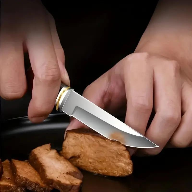 Outdoor Stainless Steel Meat Knife with Wooden Handle & Leather Sheath - Perfect for Camping, Hunting and Barbecue