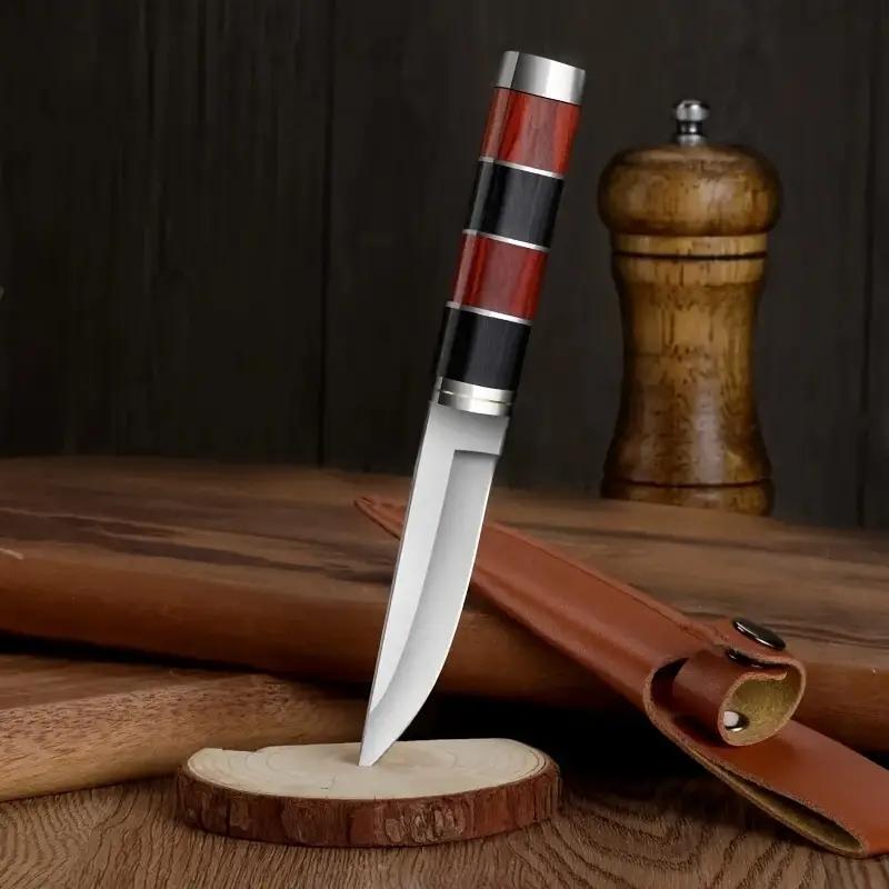 Outdoor Stainless Steel Meat Knife with Wooden Handle & Leather Sheath - Perfect for Camping, Hunting and Barbecue