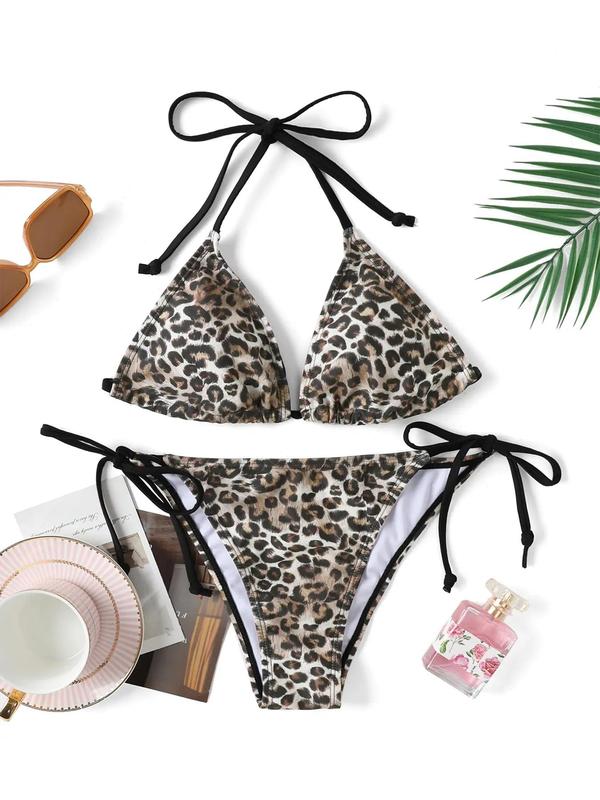 Women's Leopard Print Bikini Set, Sexy Casual Halter Tie Back Triangle Bikini Bra & Tie Side Swim Thong Bathing Suit Set, Gothic Bikini, Ladies Summer Swimwear for Beach Holiday Vacation,  2 Piece Sets Women