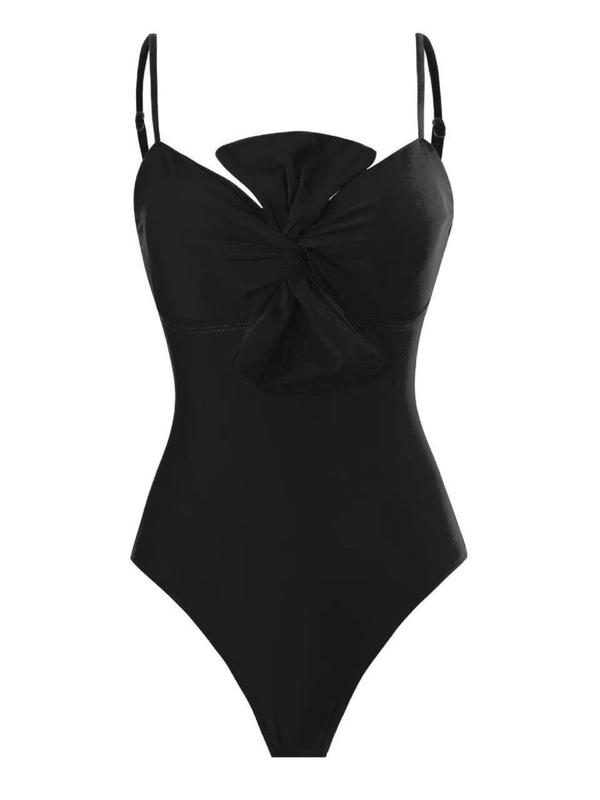 2 Counts Women's Plain Backless Twist Front Cami Bodysuit & Knot Front Cover Up Skirt Swimwear Set, Adjustable Strap One-piece Swimsuit & High Waist Contrast Binding Swim Skirt, Korean Swimming Suit, Ladies Summer Back To School Beach Holiday Swimsuit Set