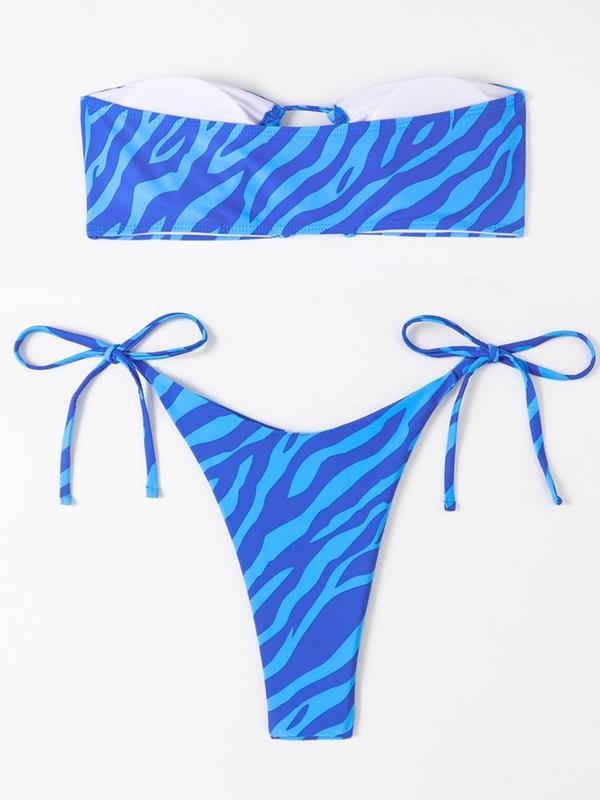 Two-piece Set Women's Back To School Zebra Stripe Print Summer Bikini Sets, Casual Tie Front Bandeau Top & Tie Side Thong Swimwear Set, Swimsuit for Women, 2024 Summer Swimsuit, Swimsuits 2024 Women, Tiktop Shop