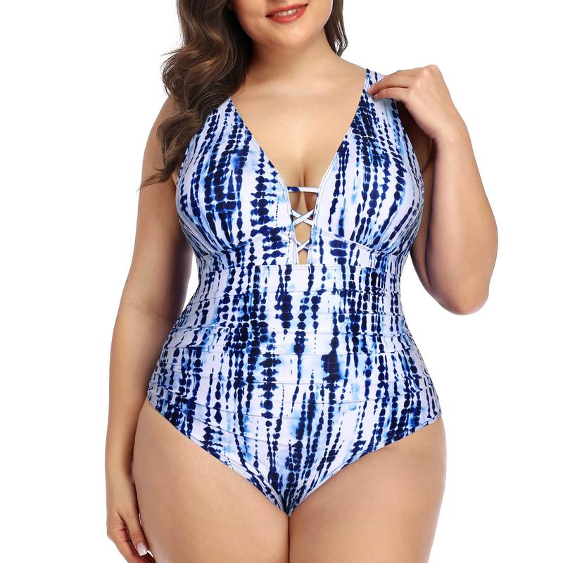 Yonique Women's Plus Size One Piece Swimsuit Tummy Control Bathing Suits Lace up Plunge Swimwear,Modest One Piece Bathing Suits for Vacation