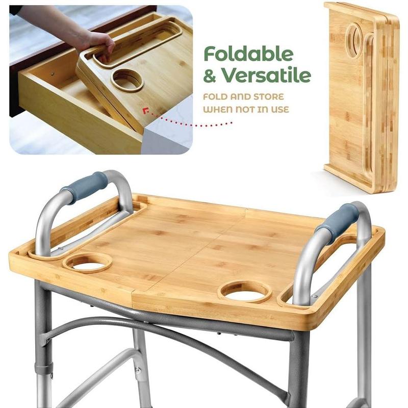 Walker Tray Table with Cup Holder Mobility Table Tray for Folding Walkers Foldable, Portable Multipurpose Bamboo Tray for Eating, Crafts, Laptops Medical Equipment Accessories - 21x16