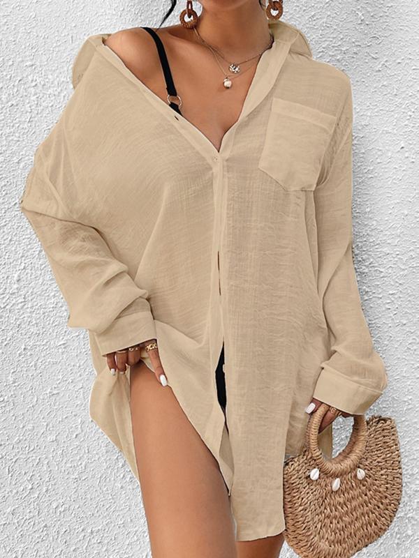 Plus Size Solid Button Front Pocket Drop Shoulder Swim Top, Beach Style Casual Comfort Long Sleeve Collared Cover Up, Summer Bathing Suits 2024 for Women, Summer Beach Cover Up Shirt