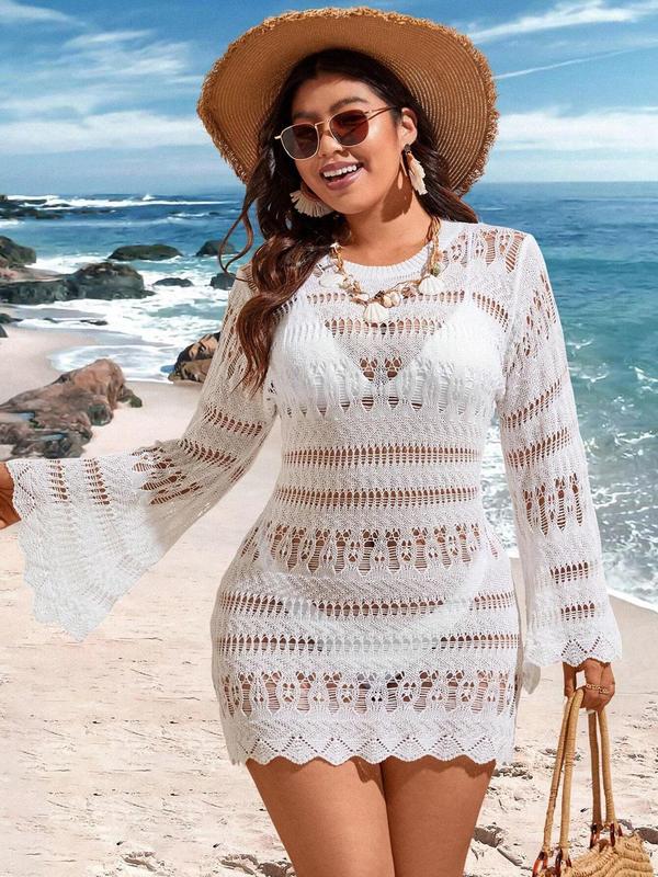 Plus Size Solid Hollow Out Sheer Scallop Trim Cover Up Dress without Bikini, Boho Flounce Sleeve Round Neck Long Sleeve Cover Up for Beach Holiday Vacation, Women's Plus Clothing for Summer