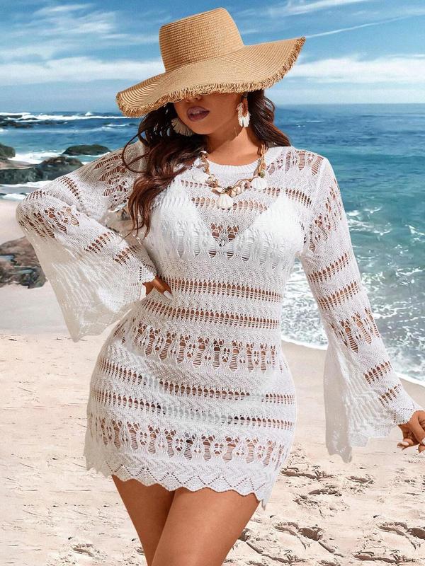 Plus Size Solid Hollow Out Sheer Scallop Trim Cover Up Dress without Bikini, Boho Flounce Sleeve Round Neck Long Sleeve Cover Up for Beach Holiday Vacation, Women's Plus Clothing for Summer