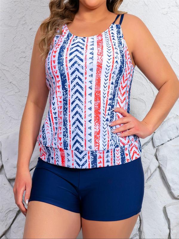  2pcs Colorblock Striped Print Double Strap Cami Top & Shorts Tankini Set, Summer Clothes Women, Adjustable Strap Sleeveless Top & Shorts, 2024 Curve Tankini Swimsuits Sets, Bathing Suits for Women