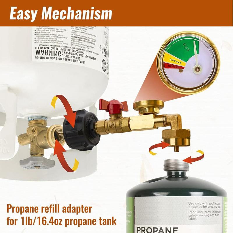 Propane Refill Adapter with Valve & Gauge, QCC1   Type1 Propane Tank & 1 lb Throwaway Disposable Cylinder for Fill 1 Pound Bottles from 20lb Tank, Practical Fill Adapter