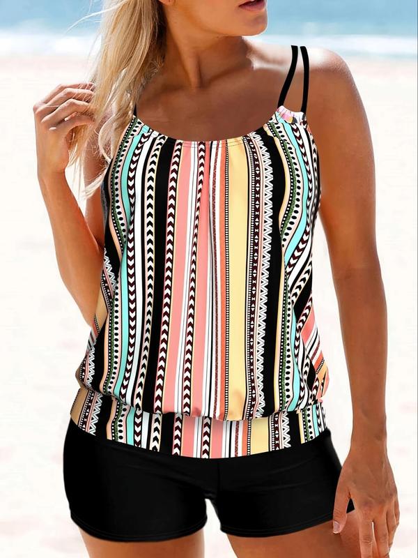  2pcs Colorblock Striped Print Double Strap Cami Top & Shorts Tankini Set, Summer Clothes Women, Adjustable Strap Sleeveless Top & Shorts, 2024 Curve Tankini Swimsuits Sets, Bathing Suits for Women