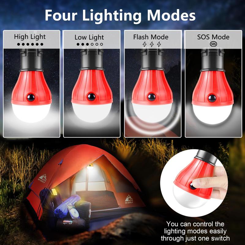 PEMOTech Camping Lights 4 Pack, 4 Lighting Modes LED Camping Lantern Bulbs with Clip Hooks