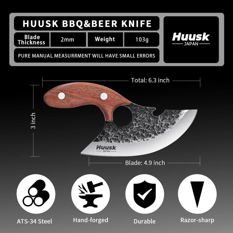 Huusk Knives, Viking Boning Knife for Meat Cutting, Small Ulu knife, Caveman Ultimo Knife Hand Forged Full Tang Knife for Home, Outdoor, Camping Thanksgiving Christmas Gift