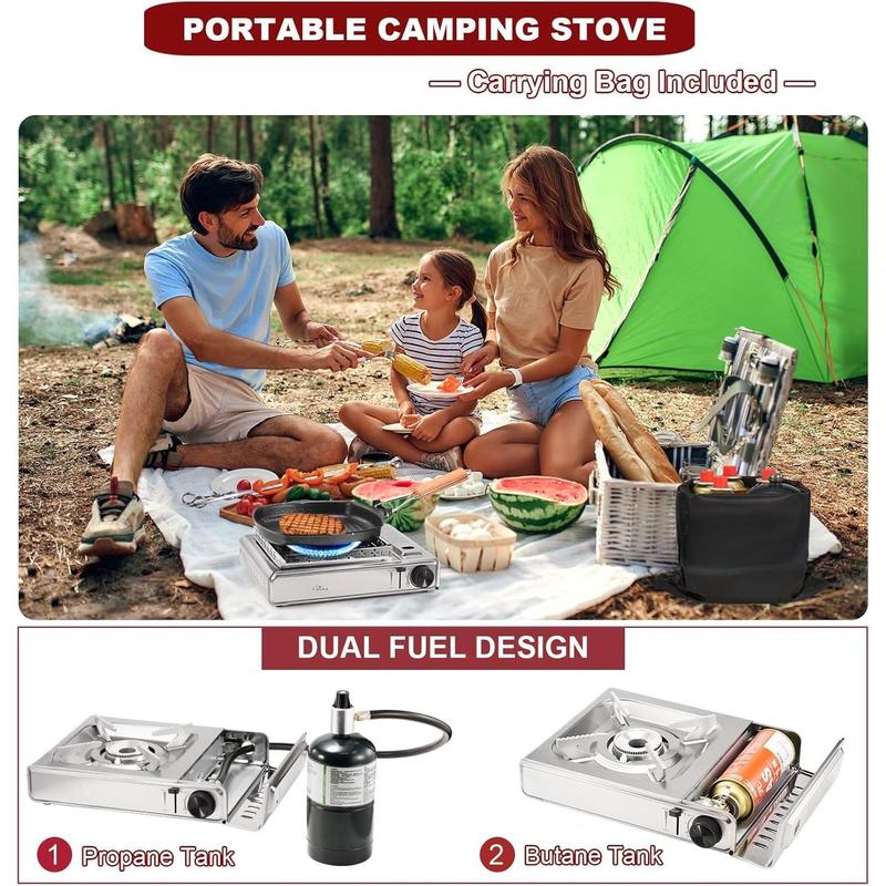 Dual Fuel Camp Stove with Butane and Propane Compatibility, 10500 BTU Portable Camping Stove with Carrying Case, Storage Bag, Adapter Hose, Wind Guard, Outdoor Camping Essentials