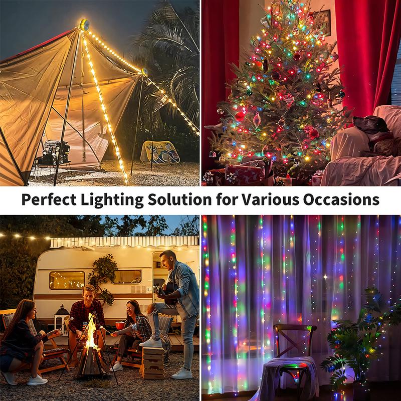 32.8 FT Retractable String Lights 4 in 1 Rechargeable Outdoor Camping String light with 8 Lighting Modes for Halloween Holiday Christmas Decoration