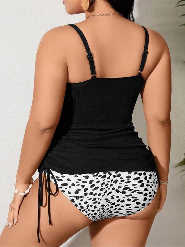 Plus Size Two-piece Set Solid Ruched Drawstring Tankinis Set, Solid Sleeveless Cami Top & Leopard Print Panty , Women's Swimsuit for Summer Beach Holiday Vacation