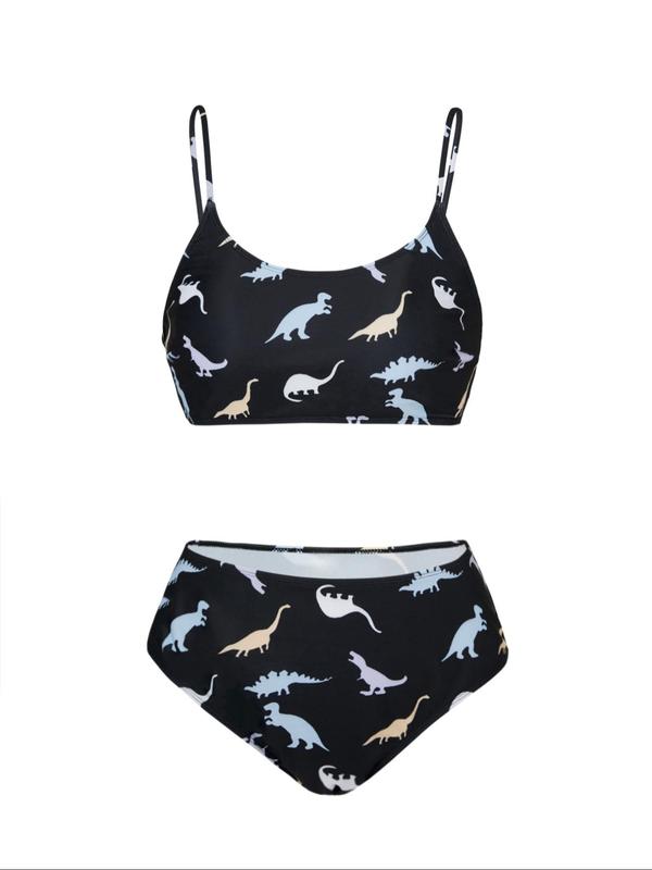  Two-piece Set Dinosaur Print Bikini Set, Casual Adjustable Strap Wireless Swim Top & High Waist Swim Bottom, Women's Two-piece Swimsuit for Summer Beach Holiday Vacation