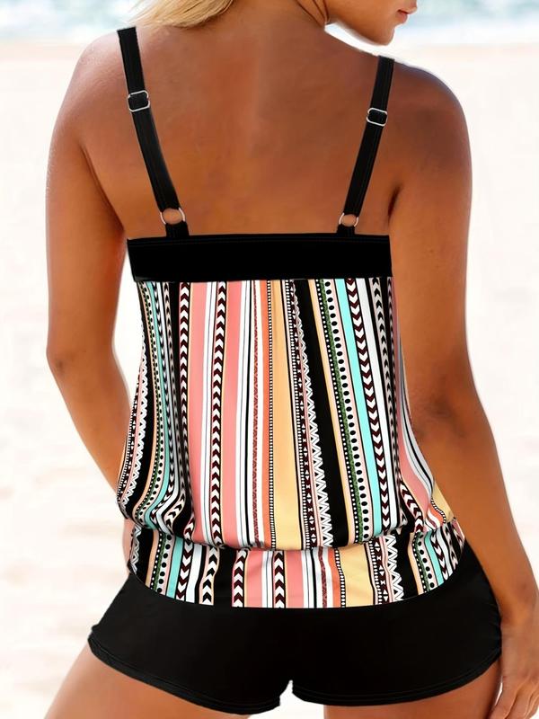  2pcs Colorblock Striped Print Double Strap Cami Top & Shorts Tankini Set, Summer Clothes Women, Adjustable Strap Sleeveless Top & Shorts, 2024 Curve Tankini Swimsuits Sets, Bathing Suits for Women