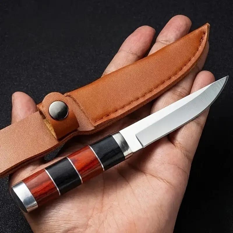 Outdoor Stainless Steel Meat Knife with Wooden Handle & Leather Sheath - Perfect for Camping, Hunting and Barbecue