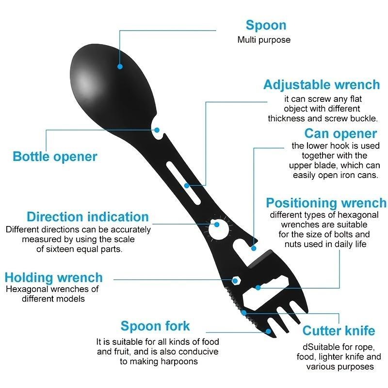 10 in 1 Multifunctional Spork, Stainless Steel Portable Utensil Spoon, Can Opener for Outdoor Camping, Hiking, Picnic, Backpacking & Traveling, Christmas Gift