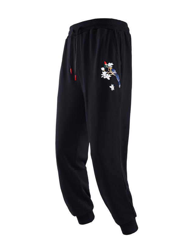 Niepce Black Embroidery Bird and Flowers Jogger Pants Japanese Streetwear Unisex Sweatpants