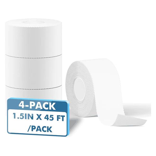 SURE TAPE 4-Pack (1.5in X 45 ft pack) White Athletic Sports Tape - Strong Easy Tear NO Sticky Residue for Athlete