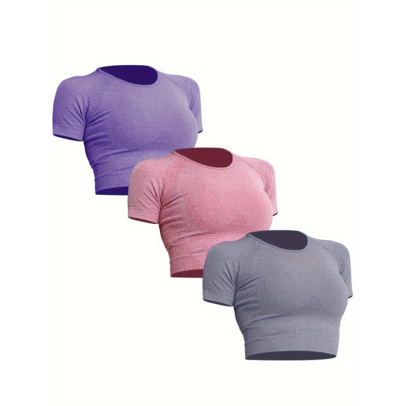 3pcs Women's Workout Crop Top, Seamless Sports Yoga Fitness Tight T-Shirt, Women's Tops