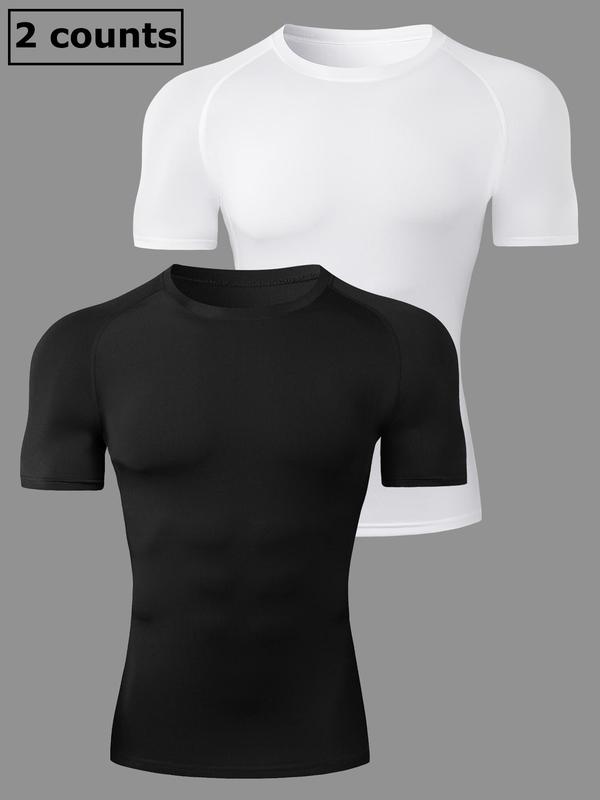 Men's 2pcs Solid Round Neck Sports Tee, Quick Drying Breathable Crew Neck Short Sleeve T-shirt, Casual Sporty Top for Summer