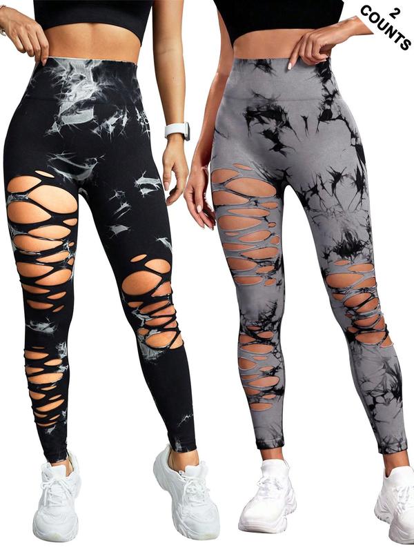 Women's Tie Dye Print Ripped High Waist Sports Leggings, Casual Comfy Breathable Skinny Pants for Yoga Gym Workout Running, Ladies Sportswear for All Seasons, Tummy Control