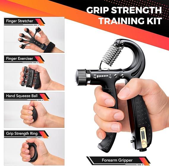 5 PCS Grip Strengthener Workout Kit, Forearm Grip Adjustable Resistance Hand Gripper, Finger Exerciser, Grip Ring & Stress Relief Grip Ball, Home Gym