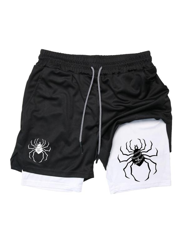 Sporty Men's Spider Print 2-in-1 Towel Loop Design Sports Shorts,  Gym Shorts, Regular Fit Casual Breathable Quick Drying Pocket Drawstring Waist Shorts for Gym Workout Running, Men's Summer Sportswear