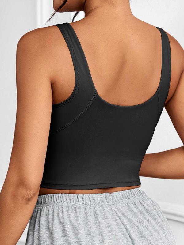 Women's Solid Round Neck Racer Back Crop Vest, Sporty Breathable Comfortable Padded Tank Top for Yoga Gym Workout, Ladies Sportswear for All Seasons, Fall Outfits, Fallfreshness