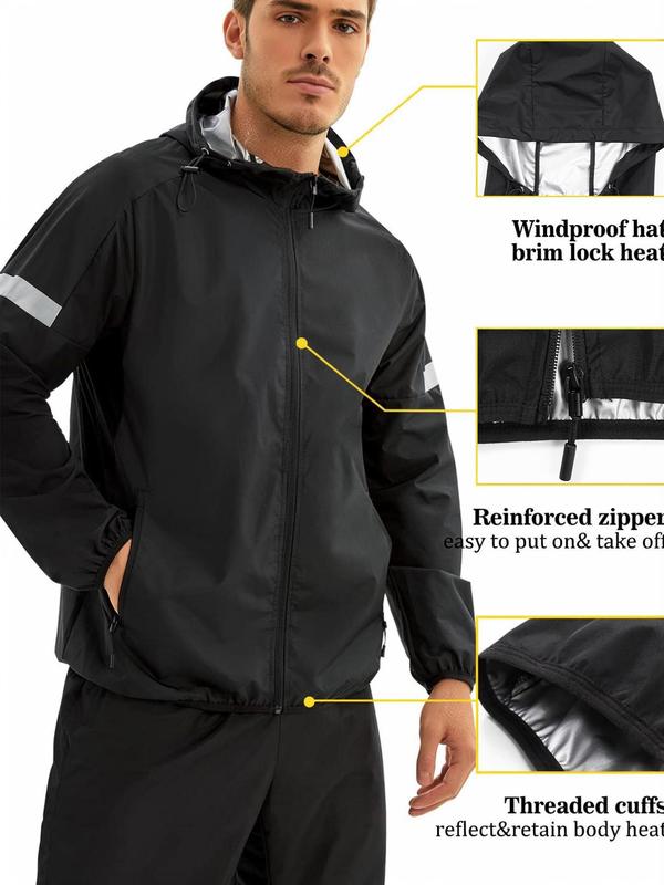 Men's Regular Fit Solid Zip Up Sauna Hooded Jacket, Breathable Drawstring Long Sleeve Sports Jacket, Hoodie for Men, Men's Sportswear for Indoor Outdoor Wear, Athletic Clothes, Fall Outfits 2024