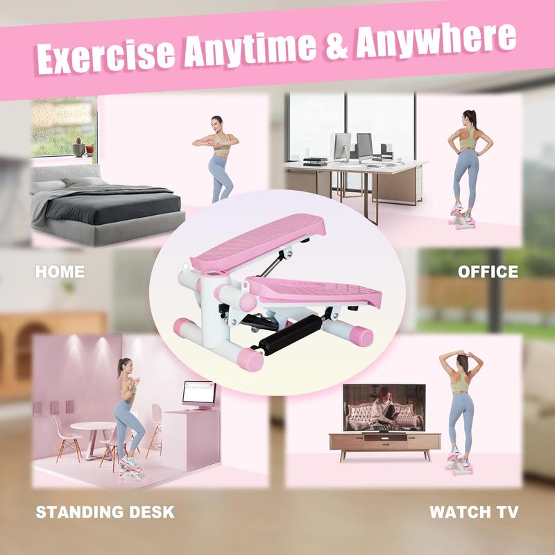 Adjustable Health & Fitness Mini Steppers for Exercise at Home With Resistance Bands, Full Body Cardio Equipment, Smart Fitness stepper with LCD Monitor Pink Stepper