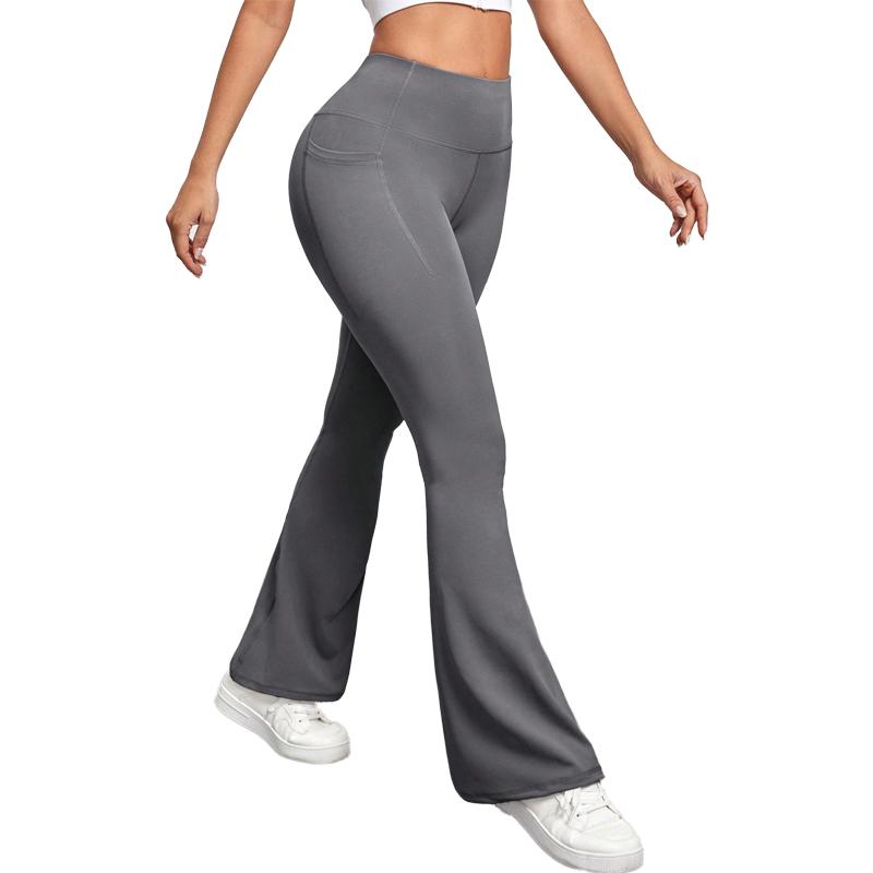 Women's Solid Color Flare Leg Gym Fitness Leggings with pocket- Stretch Sports Activewear Pants