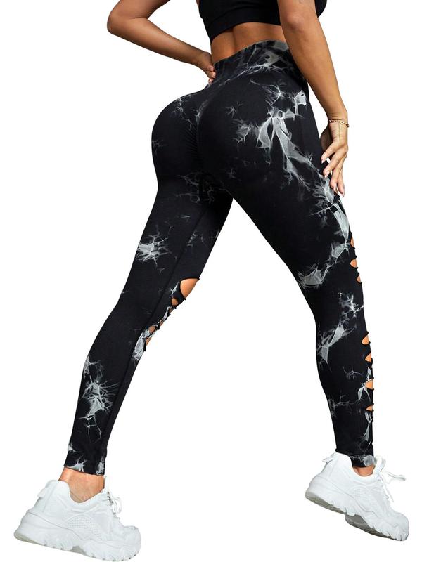 Women's Tie Dye Print Ripped High Waist Sports Leggings, Casual Comfy Breathable Skinny Pants for Yoga Gym Workout Running, Ladies Sportswear for All Seasons, Tummy Control