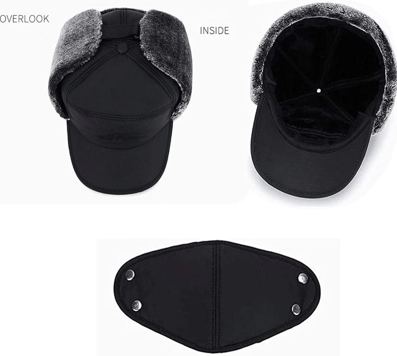 Mens Winter Windproof Warm Hat with Ear Flap Black Cold Weather Skiing Hunting Fishing Outdoor Adventure Gifts Trapper Hats for Men Women