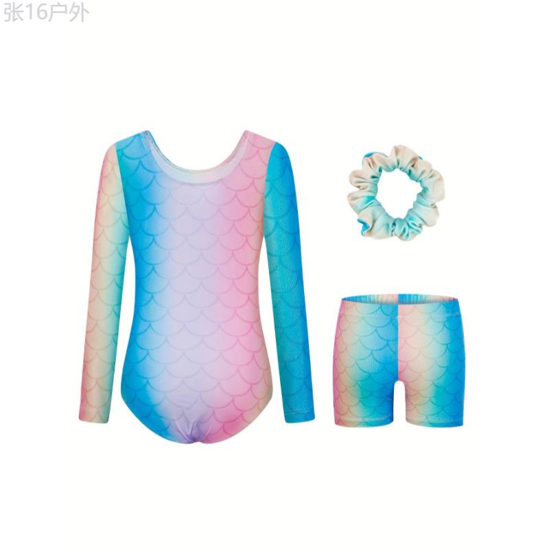 3pcs Fish Scale Graphic Girls Trendy Gymnastics Suit Leotard Outfits For Dance Performance Gift