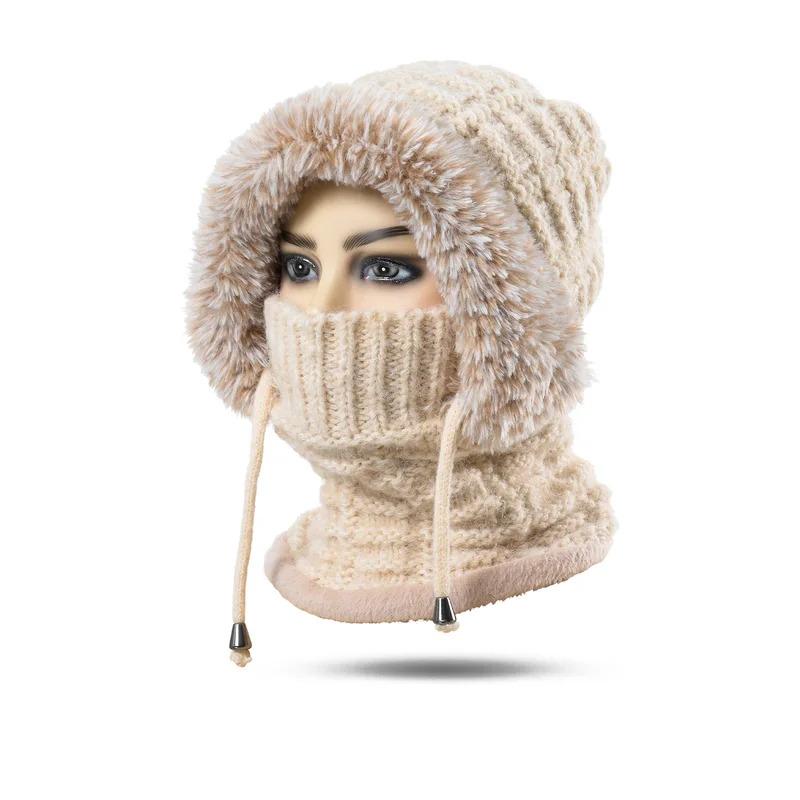 New Women Winter Knitted Woolen Balaclava Hat Ear Protection Mask Neck Integrated Warmth Cover Hat Outdoor Hike Cycling Cap